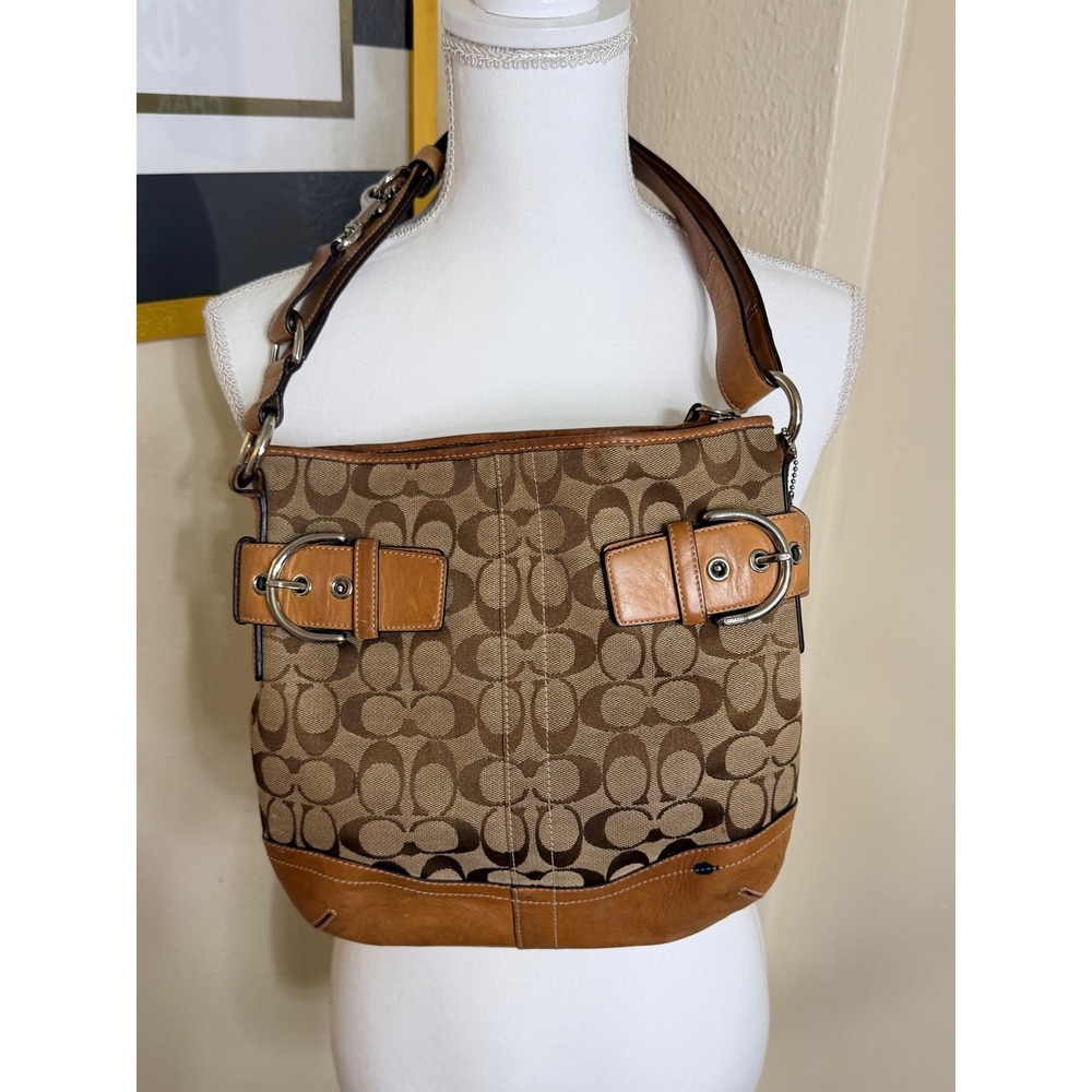 Coach Signature Canvas Leather Buckle Hobo Shoulder Bag Brown B06K-3574